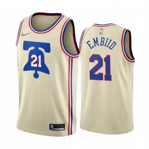Men's Philadelphia 76ers #21 Joel Embiid Cream Earned Edition Swingman Stitched NBA Jersey